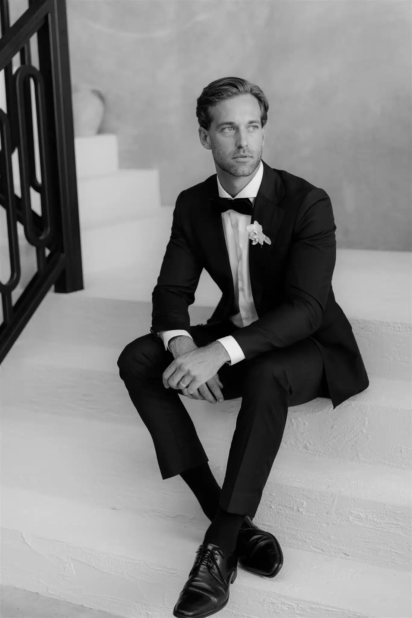 Black peak lapel suit available for hire on the Sunshine Coast